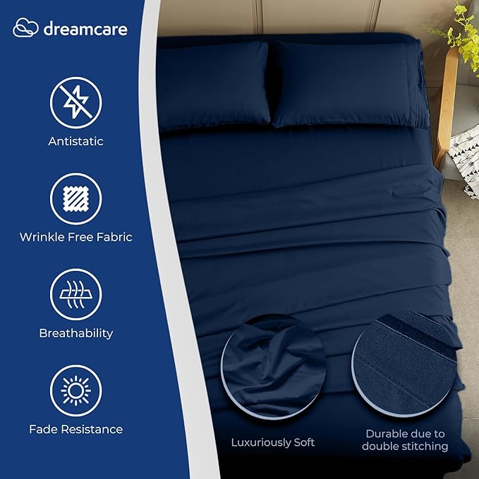 DREAMCARE Full Size Sheets – 4 pcs Cooling Sheets – up to 21” Deep Full Sheet Set – Hotel Luxury Sheets & Pillowcases – Superior Softness 100% Fine Microfiber with Side Pocket – Navy Blue