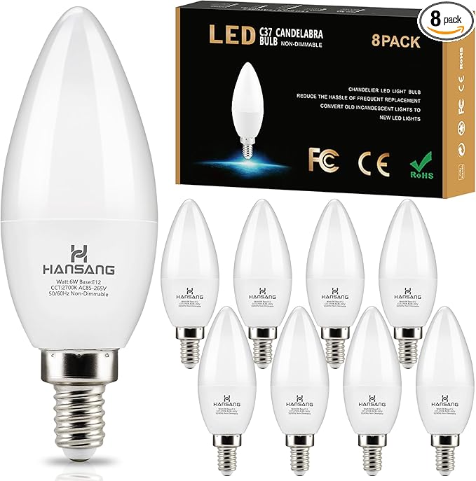hansang 8 Pack E12 LED Candelabra Bulbs 2700K Warm White, 6W 60Watt Equivalent, B11 Ceiling Fan Light Bulbs Small Base, Type B Light Bulb for Chandelier, 600LM, 120V, Non-dimmable