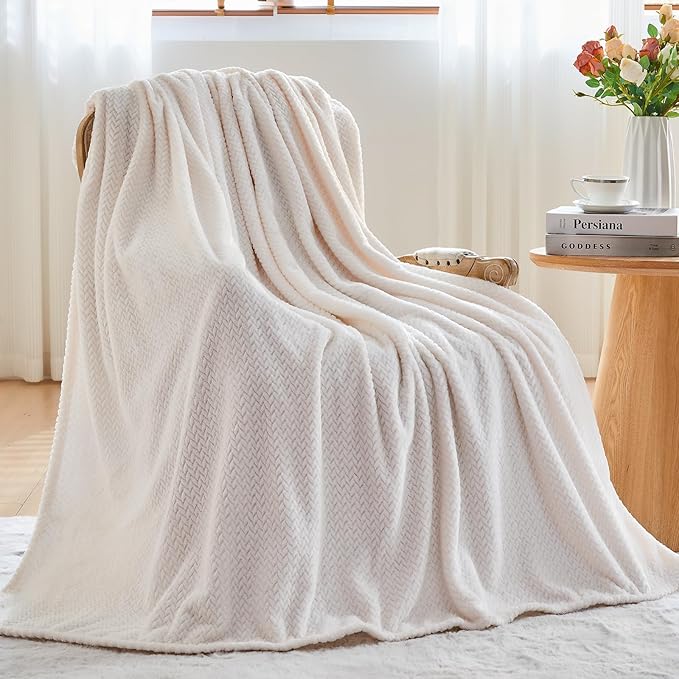 NEWCOSPLAY Super Soft Twin Blanket Ivory Premium Silky Flannel Fleece Leaves Pattern Lightweight Bed Blanket All Season Use (Ivory, Twin(60"x80"))