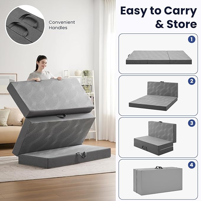 Foldable Mattress Twin 6 inch -Portable Grey Memory Foam Folding Matress with Washable Cover for Camping Travel Guest Room Home Use-Non-Slip&Easy Storage