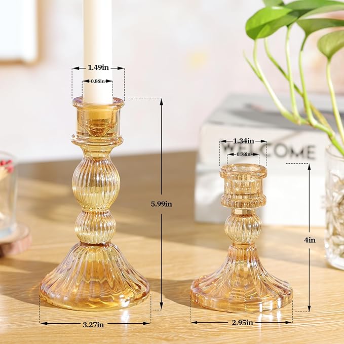 DARJEN 2 Pcs Gold Candlestick Holders - Vertical Stripe Glass Candle Holders for Taper and Votive Candles, Taper Candle Holder for Party, Wedding, Home Table Centerpieces & Gifts