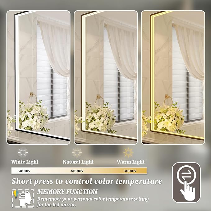 36x36 Inch LED Bathroom Mirror, Black Metal Framed Lighted Mirror for Bathroom, Wall Mouted LED Vanity Mirror with Lights, 3 Colors and Stepless Dimmable, Anti-Fog, Memory