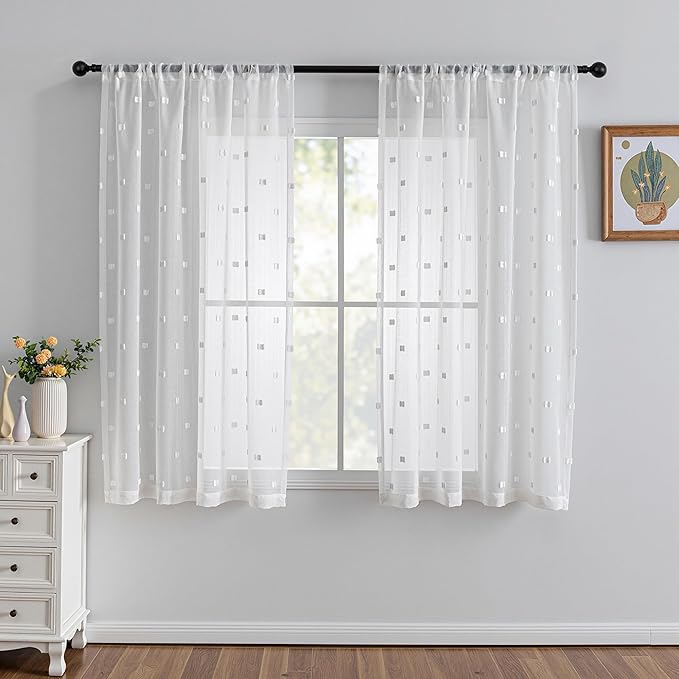 MYSKY HOME White Curtains for Bedroom 63 Inch Length Long Sheer Curtains for Kids Room Nursery Curtains with White Patched Design Rod Pocket Privacy Window Drapes Dining Room 52" x 63" 2 Panels