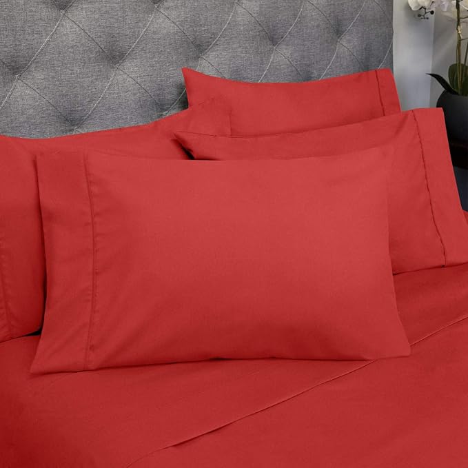 Sweet Home Collection 6 Piece 1500 Supreme Collection Brushed Microfiber Deep Pocket Sheet Set-2 Extra Pillow Cases, Great Value, Split King, Samba Red