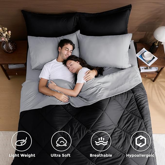 HEVUMYI Oversized Queen Comforter Set - 7-Piece All Season Bed in a Bag Oversized Queen, Ultra Soft Bedding Set with Comforter, Flat Sheet, Fitted Sheet, Pillowcases, Pillow Shams, Black & Light Grey