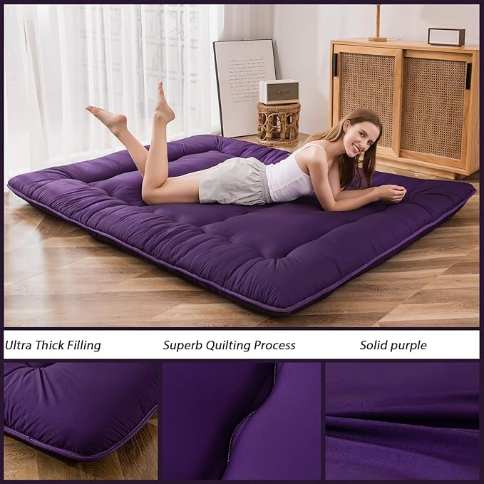 MAXYOYO Japanese Floor Futon Mattress, Roll Up Floor Mattress for Adults Foldable Tatami Mat Sleeping Pad Dormitory Bed Lounger, Purple, Queen Size
