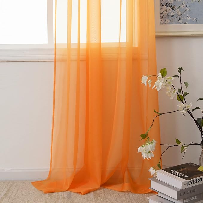 HUTO Orange Sheer Curtains 54 inches Long for Bedroom Top Rod Pocket Sheer Window Panels Curtains for Nursery Living Room 52 by 54 Inch Length Set of 2