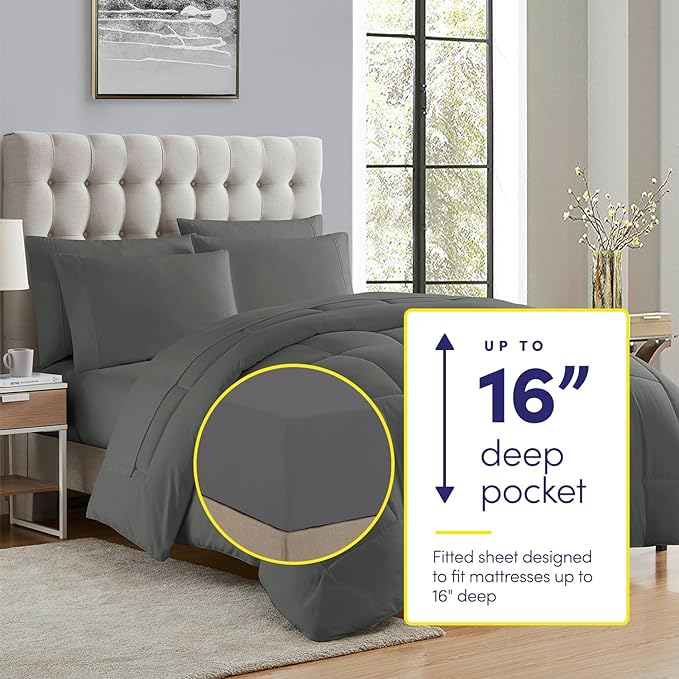 California King Comforter Set - Soft & Breathable 7-Piece Bedding Collection - 1 Comforter, 1 Fitted Sheet, 1 Flat, 4 Pillowcases - Deep Pocket - Premium Quality - Ideal for All Seasons, Gray