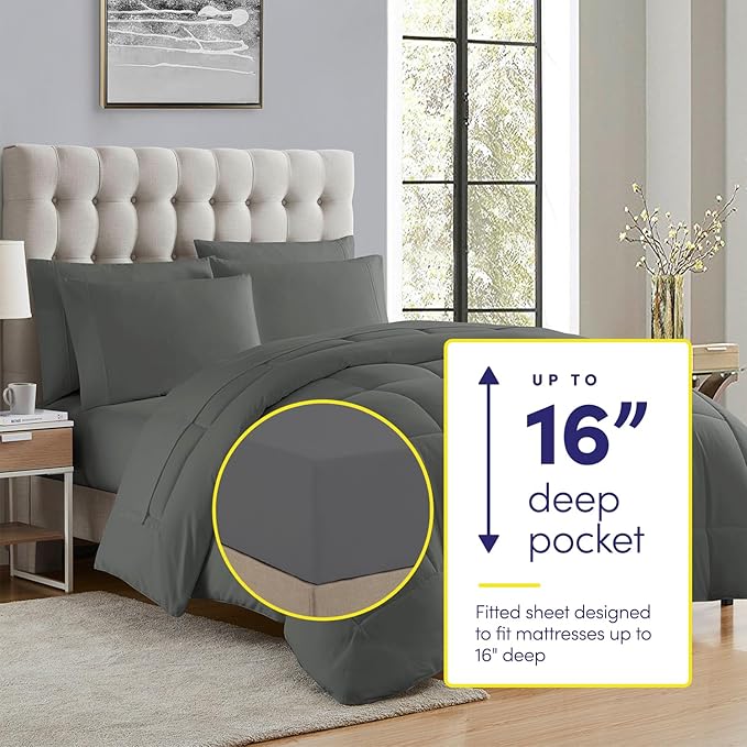 Sweet Home Collection 5 Piece Comforter Set Bag Solid Color All Season Soft Down Alternative Blanket & Luxurious Microfiber Bed Sheets, Gray, Twin (Pack of 4)