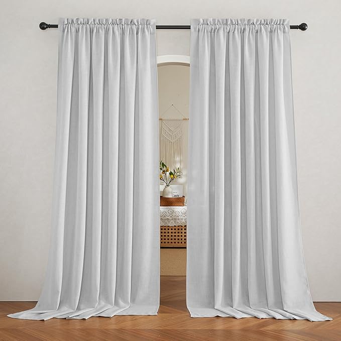 RYB HOME 95 inch Curtains - Linen Curtains Semi Sheer Drapes Airy Breathable Light Filtering Drapery Sun Shades for Living Room Children Bedroom Nursery Farmhouse, Wide 70", 2 Panels Set, Dove Grey