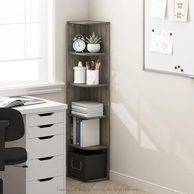 Furinno PASIR Book Shelf, 5-Tier Corner Bookshelf, Open Shelves Bookcase 9.3" x 12" x 51.7", for Living Room, Bedroom, Home Office, French Oak