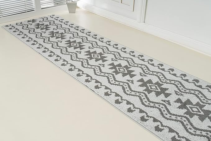 Custom Size Southwestern Style Runner Rug Mat for Wide Hallway Entryway Kitchen Laundry Room with Slip Resistant Latex Rubber Backing, Aztec Light Grey, 31 inch X 8 feet