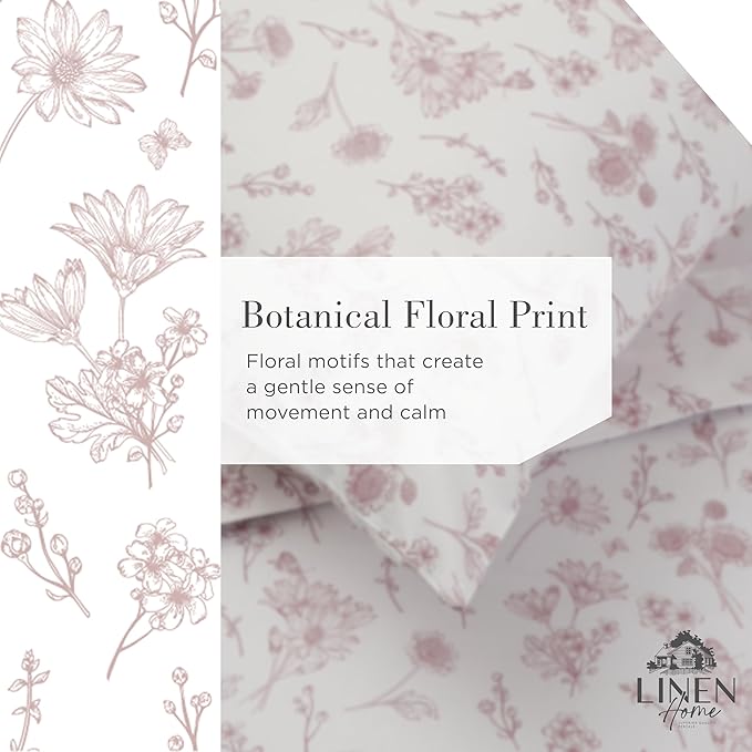 Linen Home 100% Cotton Printed Percale Sheets Queen Size, Deep Pocket, 4 Pieces Set - 1 Flat, 1 Deep Pocket Fitted Sheet and 2 Pillowcases, Crisp Cool and Strong Bed Linen, Mauve Botanical Floral