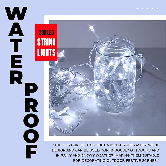 Curtain Light for Bedroom, 200LED 6.6x6.6ft White Window Wall Hanging Fairy Curtain String Light, 8 Modes Remote Fairy String Lights Indoor for Wedding Party Home Garden Decorations
