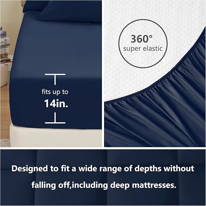 CozyLux King Size Comforter Set Navy Blue, 7 Pieces Bed in a Bag, Navy Blue Comforter King Size, All Season Bedding Sets with Stitch Quilted Comforter, Flat Sheet, Fitted Sheet, Pillowcases