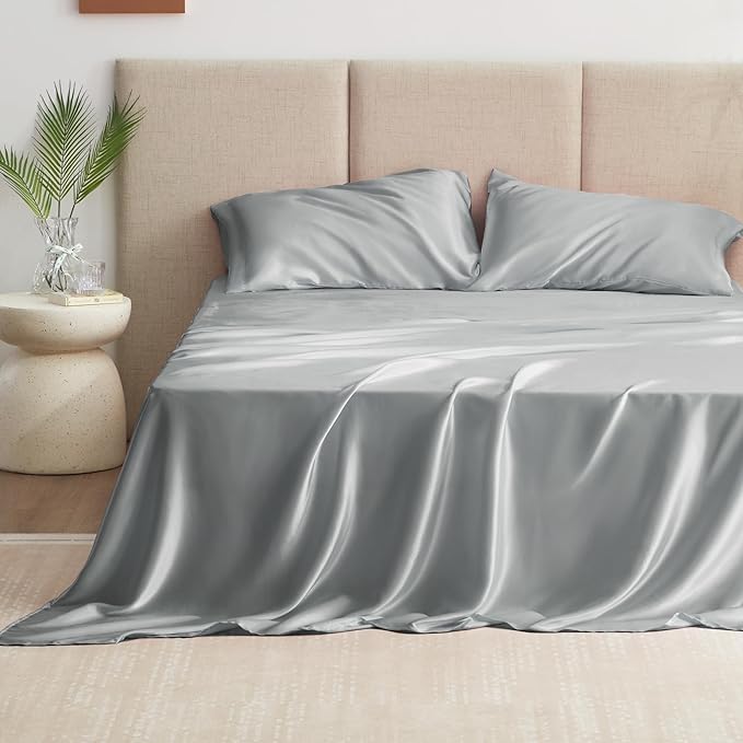 Love's cabin Twin Satin Sheets Sets - 3 Piece Silver Silky Bed Sheets with Deep Pockets, Luxury Silk Feel Satin Twin Size Sheet Set Bedding Set (1 Flat Sheet,1 Fitted Sheet,1 Pillow case)