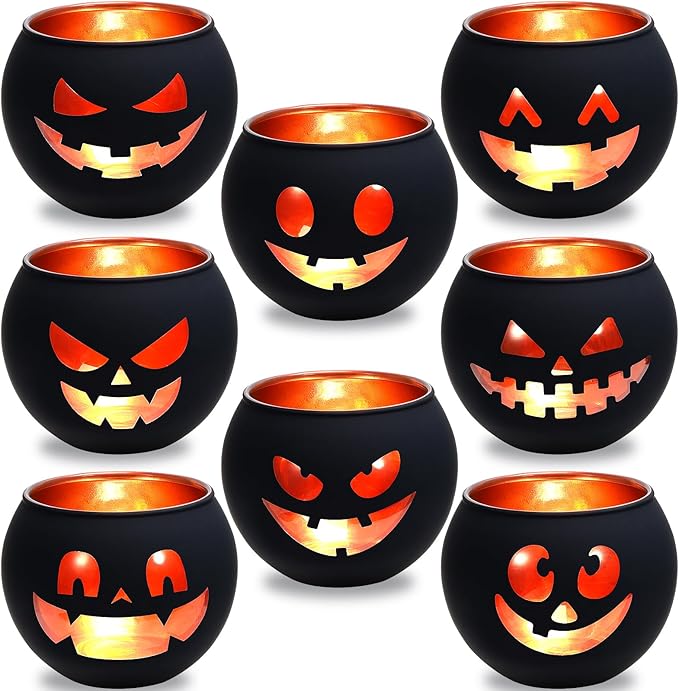 Set of 8 Halloween Candle Holder, Tealight Grimace Holder, Black Votive Candlesticks for Table Centerpieces Party Decoration
