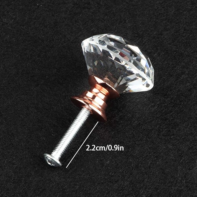 Tomorotec Set of 12 Rose Gold Base Crystal Clear Glass Drawer Pulls - 30mm Pink Diamond-Shaped Cupboard Knobs with Screws for Kitchen, Dresser, Bathroom and Wardrobe Cabinets