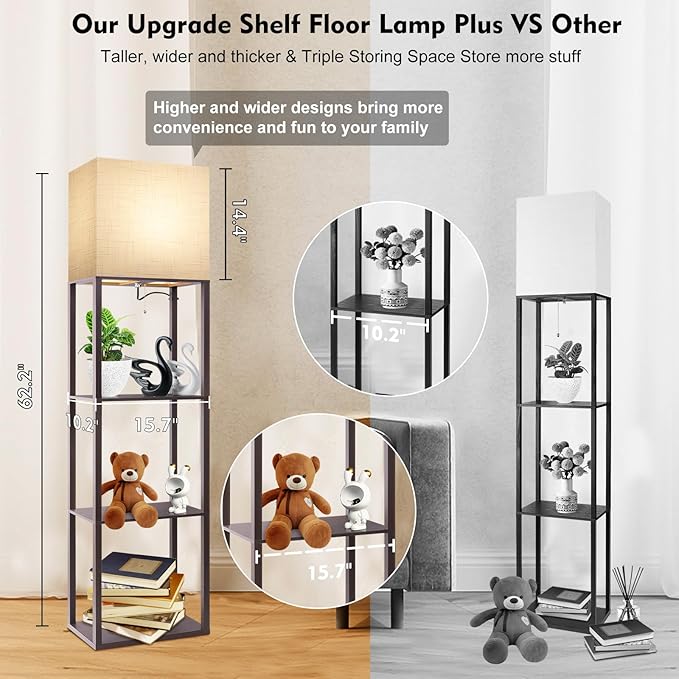 RUNTOP Plus - Floor Lamp with Shelves, Wide Shelf Lamp, Shelf Floor Lamp with 15W LED Bulb, 3 Colors Temperature, Memory Function, Large Display Storage, Standing Lamps for Living Room, Bedroom, Wood