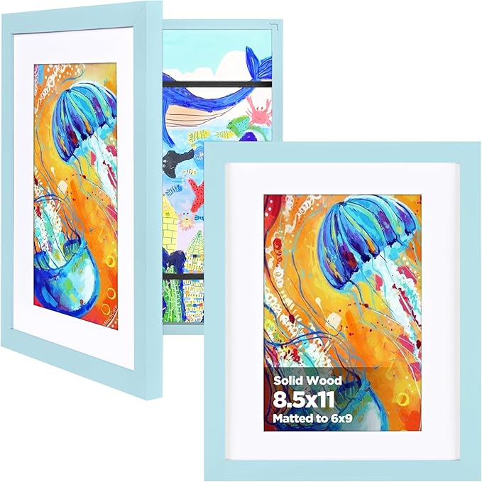KINLINK 8.5x11 Kids Art Frames Set of 2, Solid Wood Kids Artwork Frames Changeable with Acrylic Front Opening Holds 150 Pictures, Art Frame for Kids Artwork with Mat or without Mat, Light Blue