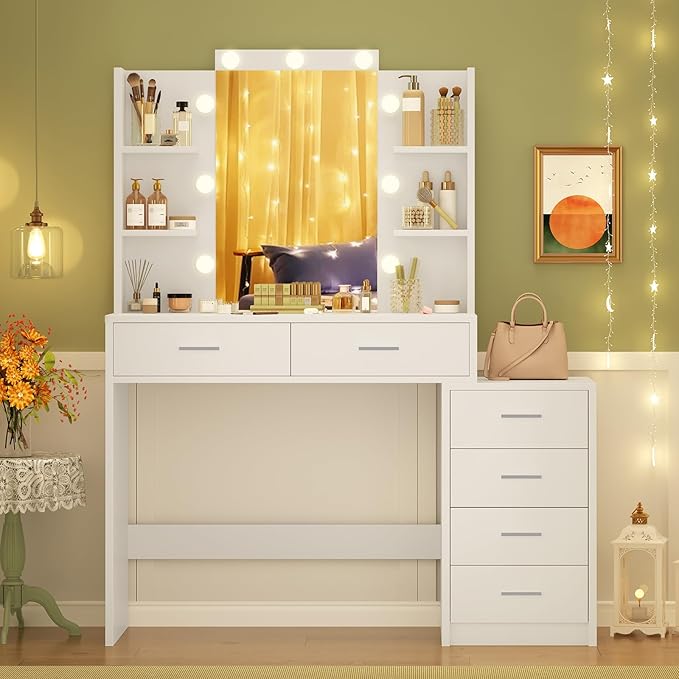 Quimoo 43.3" W Vanity Desk with Mirror and 9 LED Lights, Makeup Vanity with 6 Drawers, 6 Open Shelves, White Vanity for Women Girls, 43.3" W x 13.8" D x 54.3"