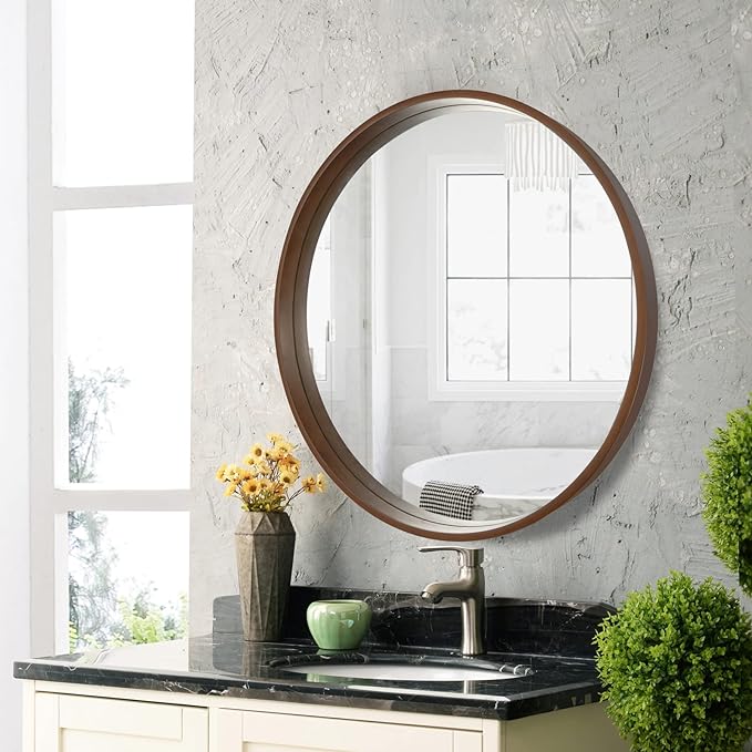 WallBeyond Circle Mirror with Wood Frame, 28" Round Modern Decoration Large Home Decor Mirror for Bathroom Living Room Bedroom Entryway (28" Diameter, Walnut)