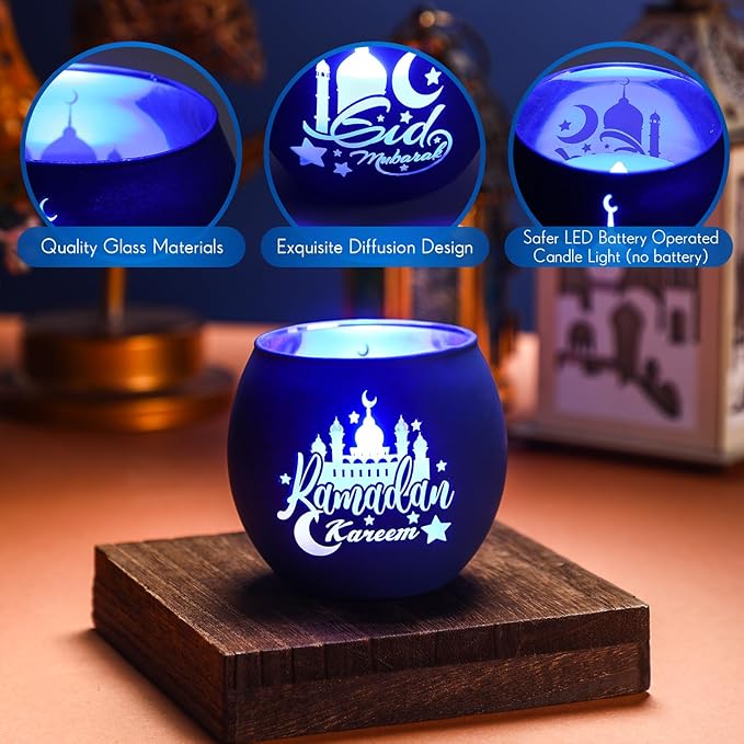 VIHOSE 3 Set Ramadan Decorations Eid Mubarak Votive Candle Holders Ramadan Glass Tea Light LED Battery Operated Candles Flameless Lights for Home Mubarak Party Islamic Muslim Table Centerpieces Decor