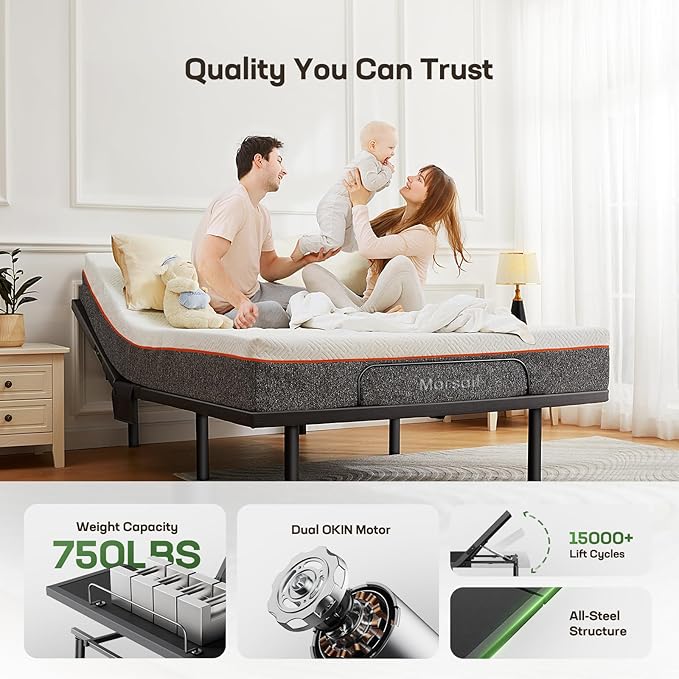 Marsail MS01 Split King Adjustable Bed Base, 4 Ports USB A&C Adjustable Bed Frame with Under-Bed Nightlight, 3 Minutes Fast Assembly, Wireless Remote Control Adjustable Bed with 4 Height Options