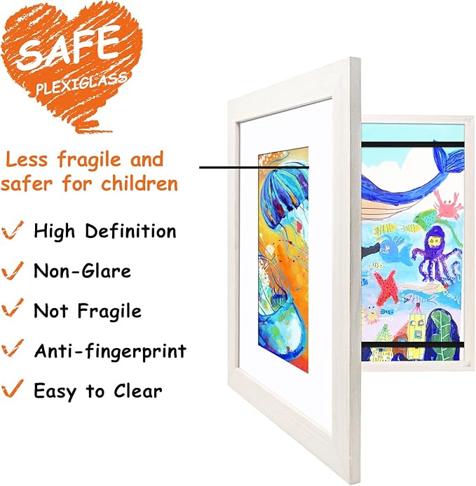 KINLINK 8.5x11 Kids Art Frames Set of 2, Solid Wood Kids Artwork Frames Changeable with Acrylic Front Opening Holds 150 Pictures, Art Frame for Kids Artwork with Mat or without Mat, White Wood