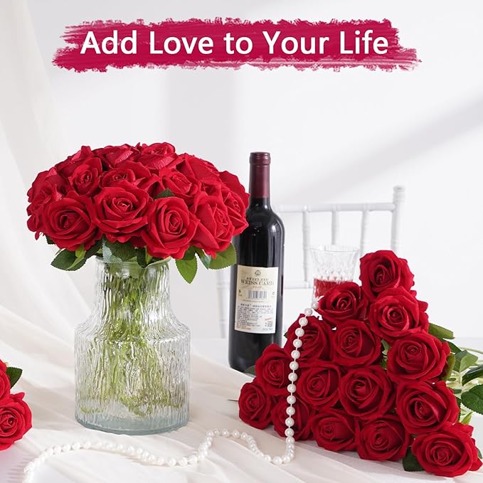 BLEUM CADE 100 Pcs Red Velvet Roses Artificial Flowers, Real Touch, Long Stems, Wedding & Occasion Decor