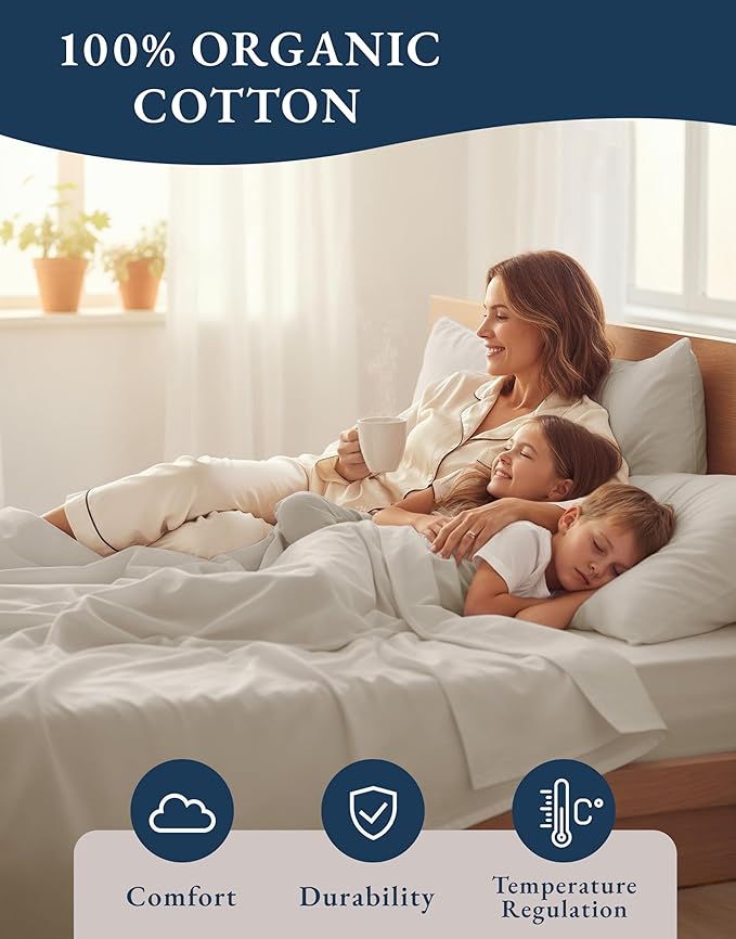LANE LINEN 100% Organic Cotton Queen Sheet Set, 4Pc Cotton Sheets Queen Size Bed Set, Soft Percale Weave, Deep Pocket Queen Sheets, Hotel-Quality Bed Sheets Queen Size - Glacier Grey