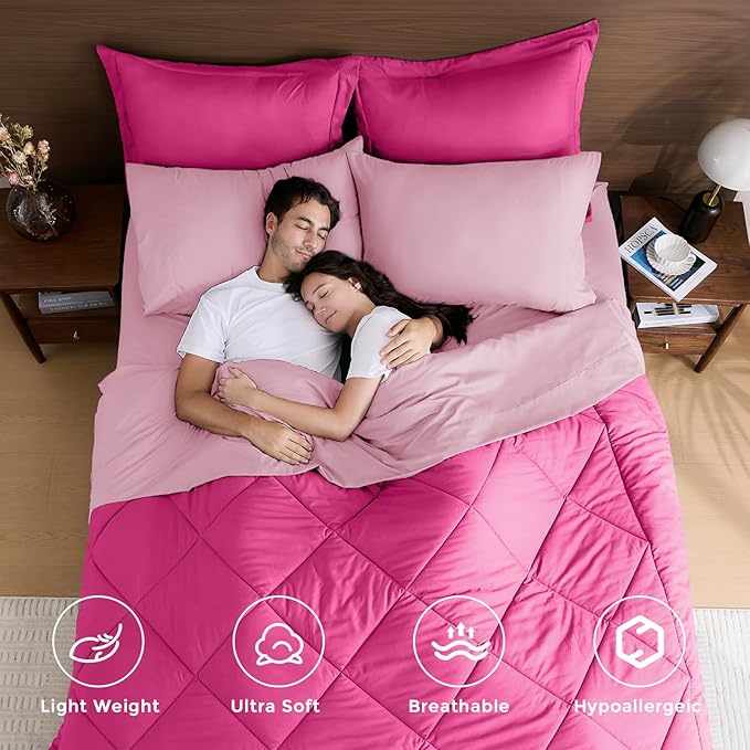 HEVUMYI Hot Pink & Baby Pink Full Comforter Set - 7-Piece All Season Bed in a Bag Full, Ultra Soft Bedding Set with Comforter, Flat Sheet, Fitted Sheet, Pillowcases, Pillow Shams