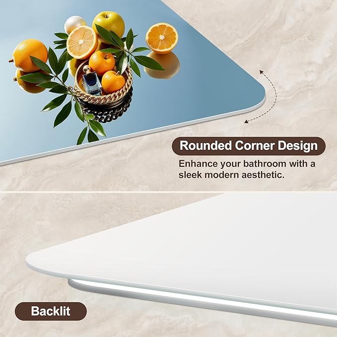 36''x24'' Lighted Mirrors for Bathroom Wall Backlit Rectangular Rounded Corners, LED Bathroom Mirror Frameless with Lights Anti Fog, Dimmable, 3 Colors,Tempered Glass, Shatter-Proof (Color 2)