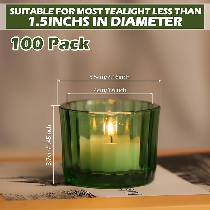 Mumufy 100 Pack Glass Tealight Candle Holder Ribbed Votive Candle Holder for Centerpiece Wedding Proposal Spa Aromatherapy Meditation Home Decor (Green)