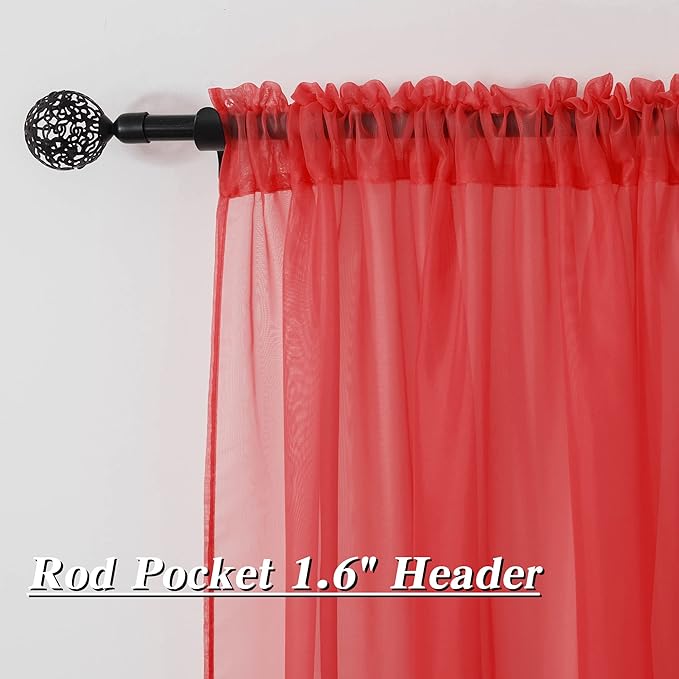 HUTO Christmas Red Sheer Curtains 96 inches Long for Baby Wedding Party Backdrop Rod Pocket Window Sheer Panels Drapes for Bedroom Nursery Living Room 2 Panels Voile Sheer 52 Width by 96 Inch Length
