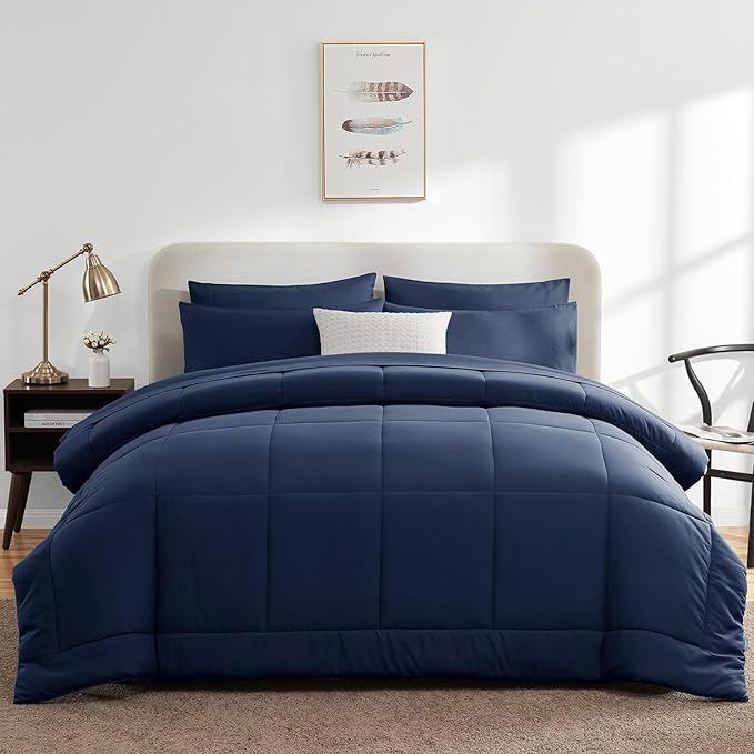 CozyLux California King Comforter Sets Navy Blue, 7 Pieces Cal King Bed in a Bag, All Season Bedding Sets with Stitch Quilted Comforter, Flat Sheet, Fitted Sheet, Pillowcases