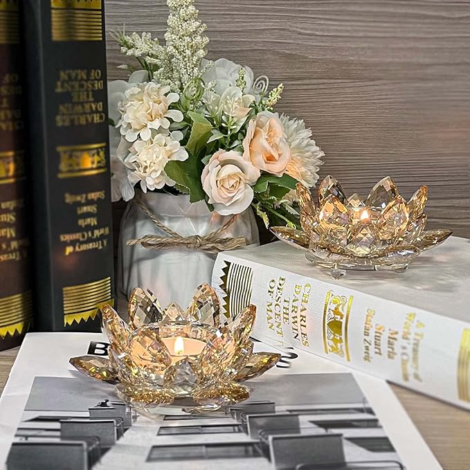 Crystal Lotus Flower Tealight Candle Holders/Glass Tea Light Candlestick Decor Decoration for Christmas Home Wedding Party… (1, Gold 2pcs)