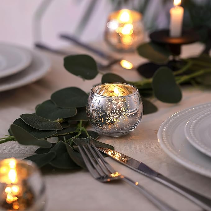 LAMORGIFT Silver Votive Candle Holders Set of 12 - Mercury Glass Votives Candle Holder - Christmas Tealight Candle Holder for Home Decor and Weddings/Parties Table Centerpieces