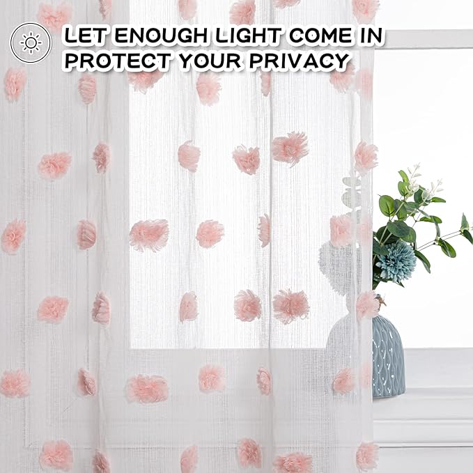 MYSKY HOME Pink Curtains 84 Inch Length for Bedroom Window Panels Pom Pom White Sheer Curtains 84 Inch Long for Living Room Nursery Girls Kids Room Rod Pocket Playroom Dining Room Set of 2 37 x 84 in