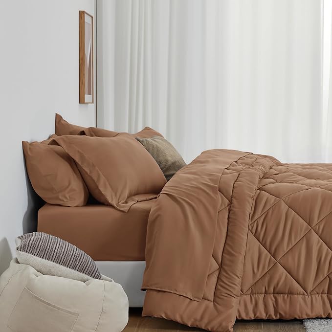 Love's cabin King Size Comforter Set Mocha Mousse, 7 Pieces King Bed in a Bag, All Season Bedding Sets with 1 Comforter, 1 Flat Sheet, 1 Fitted Sheet, 2 Pillowcase and 2 Pillow Sham