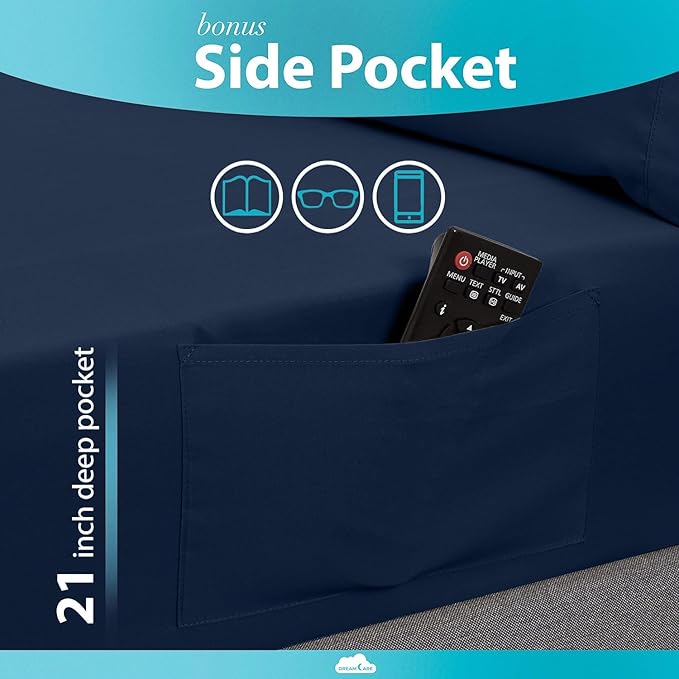 DREAMCARE King Size Sheets Set – 6 pcs Cooling Bed Sheets – up to 15” Deep Pocket King Sheet Set – 2500 Supreme Collection – Extra Soft 100% Brushed Microfiber Hotel Luxury with Side Pocket – N Blue