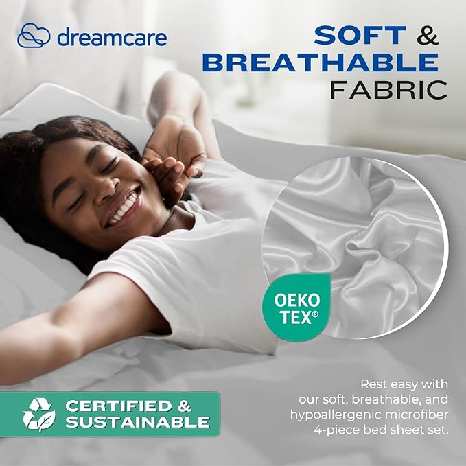 DREAMCARE California King Sheet Sets – 4 pcs Cooling Sheets – up to 21” Deep Cal King Sheets – Hotel Luxury Pillowcases – Superior Softness 100% Fine Microfiber with Side Pocket – Light Gray