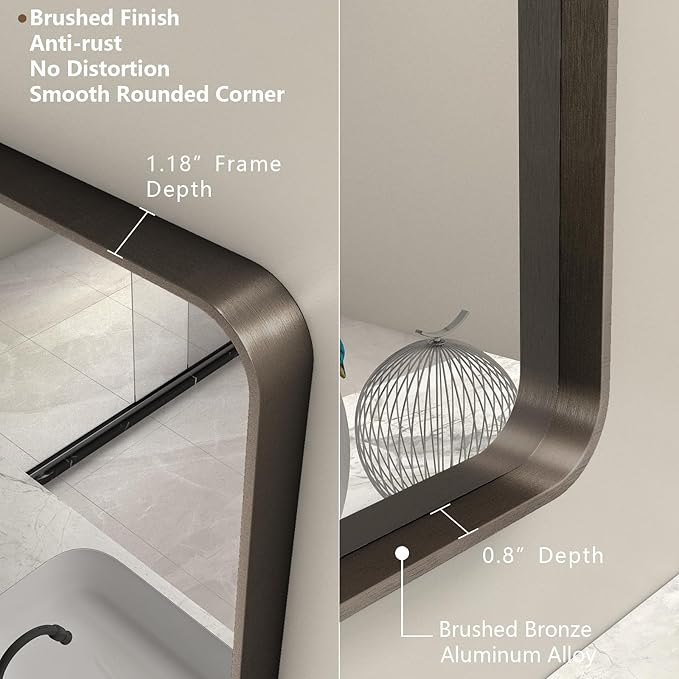 48x40 Bronze Bathroom Mirror, Brushed Bronze Metal Frame Mirrors for Wall, Rounded Rectangle Bronze Mirror for Vanity,Farmhouse, Bedroom, Anti-Rust (Horizontal/Vertical)