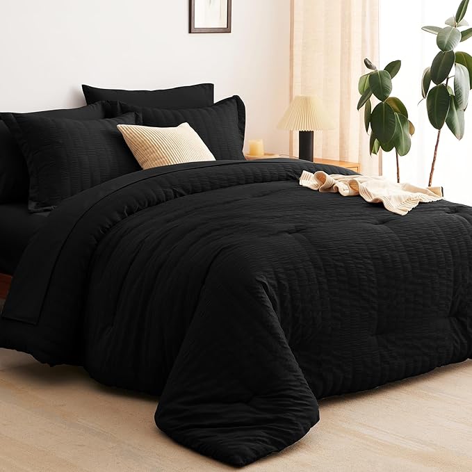 CozyLux Twin XL Comforter Set with Sheets Seersucker Black 5 Pieces Bed in a Bag, Twin Extra Long Luxury Soft Bedding Sets for College Dorm with Down Alternative Comforter, Sheets, Pillowcases & Shams