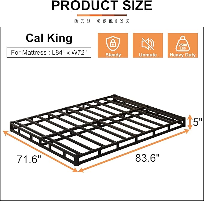 EMODA 5 Inch California King Box Spring Bed Base, 3000 LBS Heavy Duty Metal Mattress Foundation with Fabric Cover, Easy Assembly