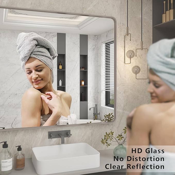 48x36 Silver Bathroom Mirror, Brushed Silver Framed Bathroom Vanity Mirror, Modern Rectangle Mirror, Rounded Corners, Shatterprood, Anti-Rust (Horizontal/Vertical)