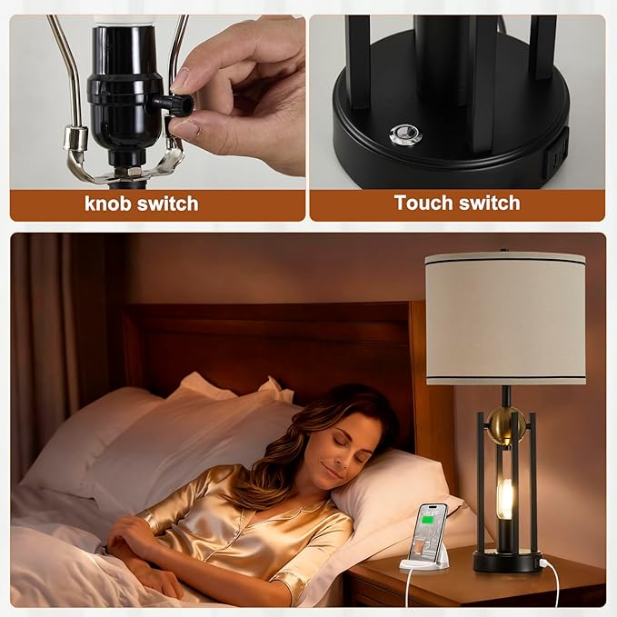 25'' Farmhouse Table Lamps for Living Room Set of 2 with USB C+A Ports, Vintage Bedside Lamp for Bedroom, Touch Lamps for Nightstand, Dual Lights Independent Switch, 4 Bulbs Included, Gold
