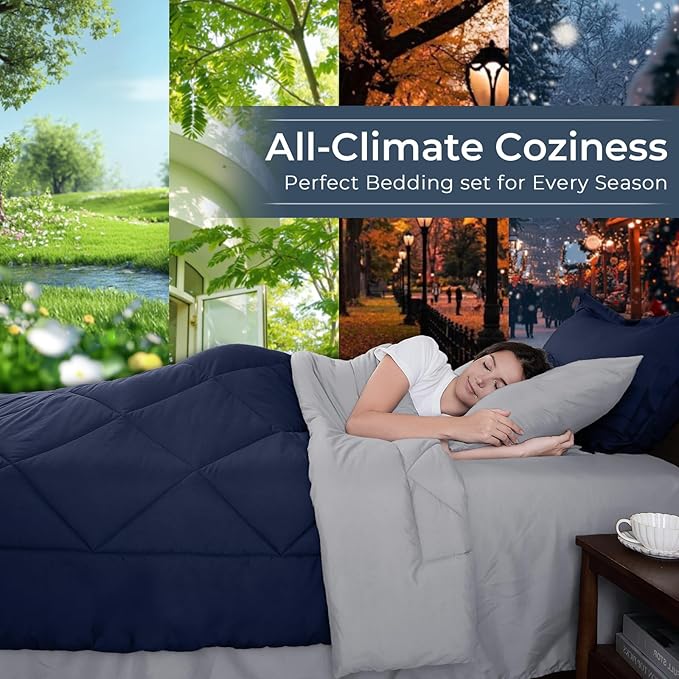 HEVUMYI Navy Blue & Grey California King Comforter Set - 7-Piece All Season Bed in a Bag Cal King, Ultra Soft Bedding Set with Comforter, Flat Sheet, Fitted Sheet, Pillowcases, Pillow Shams