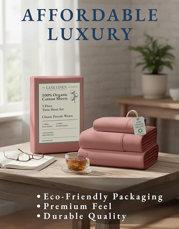 LANE LINEN 100% Organic Cotton Twin Sheet Set, Soft & Comfy Premium Bedding Sheets & Pillowcases, Luxury Hotel Like Percale Sheets, Reinforsed French Seam in Fitted Sheets Pocket - Rose Dawn