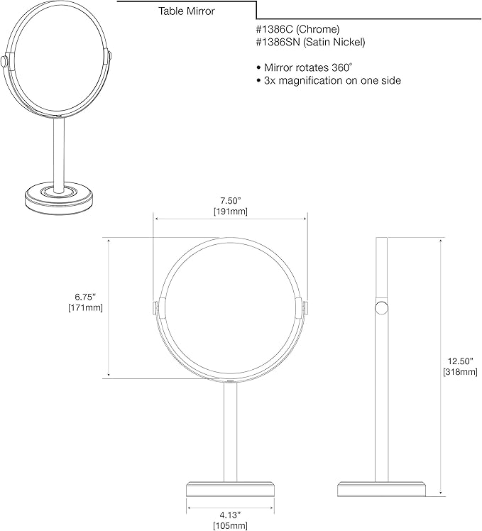 Gatco 1386MX Latitude II Makeup Mirror, Matte Black | Counter Top Makeup Mirror, 3X Magnification, Rotates 360 Degrees